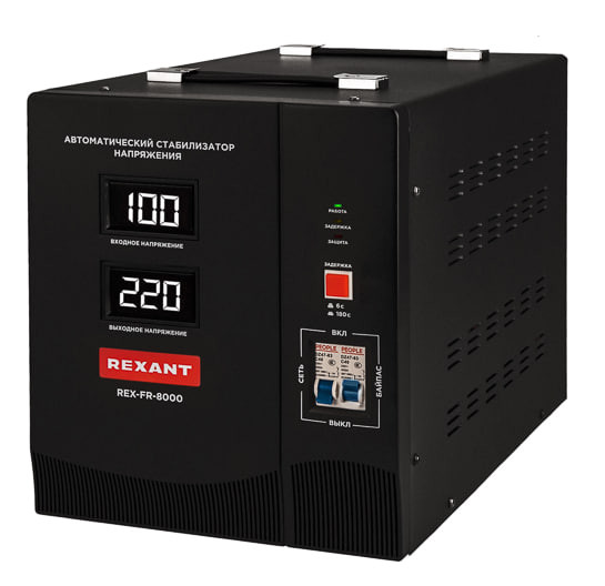 Стабилизатор пониженного напряжения REX-FR-8000 REXANT(1 фаза, 100-270 В, 5.6 кВт, релейный, байпас) Стабилизатор пониженного напряжения REX-FR-8000 REXANT(1 фаза, 100-270 В, 5.6 кВт, релейный, байпас)