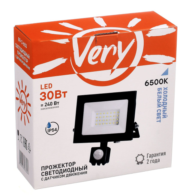 Прожектор светодиодный с датчиком движения 30Вт, 6500К, IP54, черный VERY