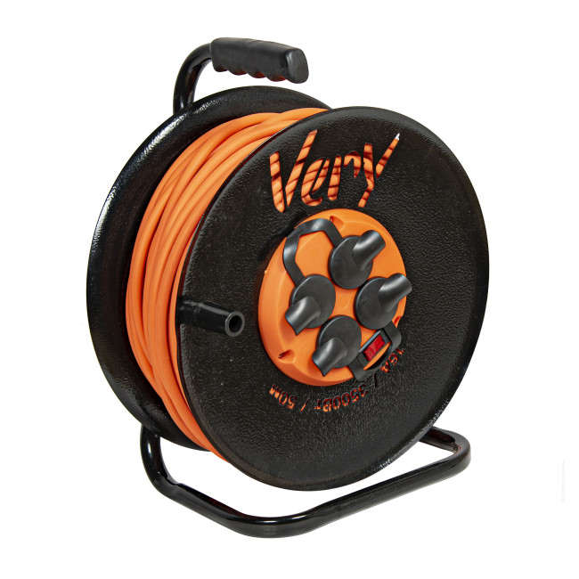 Удлинитель силовой на металлич. катушке, 4 розетки, IP44, КГ 3х1,5мм², 16А, 3,5кВт, с/з, 50м VERY