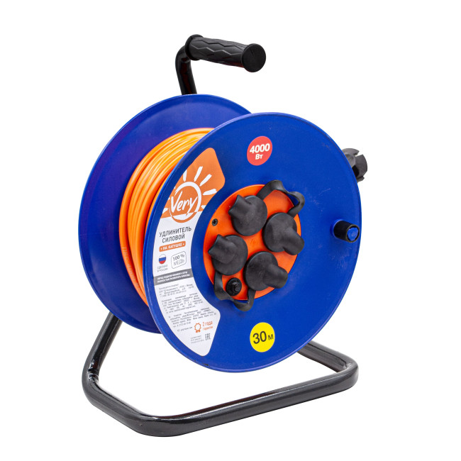 Удлинитель силовой на катушке, 4 розетки IP44, ПВС 3х2,5мм², 16А, 3,7кВт, с/з, термозащита, 50м VERY