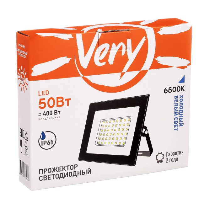 Прожектор светодиодный 50Вт, IP65 6500K, черный VERY