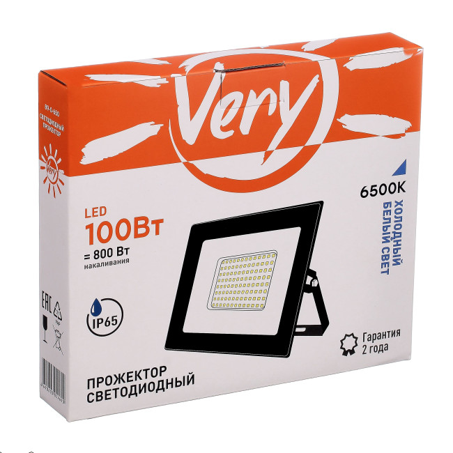 Прожектор светодиодный 100Вт, IP65, 6500K, черный VERY