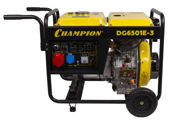 Генератор CHAMPION диз DG6501E-3 (400В 6,2/6,8кВА8,9лс 12,5л 12V 103кг,эл.стартер,колеса,счетчик)