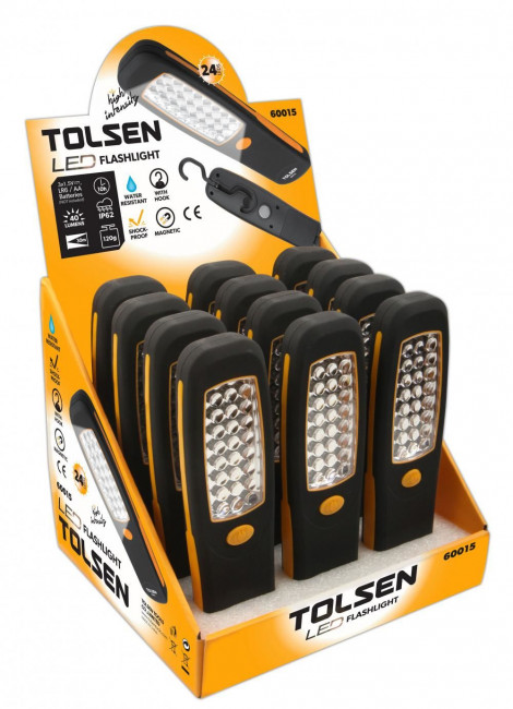 Фонарь автомобильный поисковый, 24 светодиода 3хАА 210х58х30мм  TOLSEN (12шт)