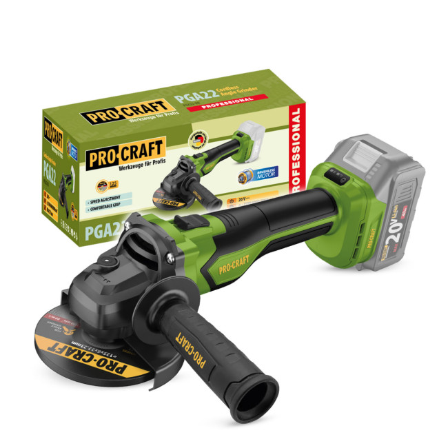 Аккумуляторная УШМ PGA22 PROCRAFT (20В, 8000 об/мин, 125 мм, М14, плав. пуск, БЕСЩЕТОЧНЫЙ, БЕЗ АКБ)
