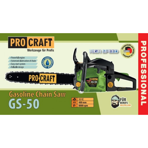 Пила ручная бенз GS-50 Procraft (4100Вт, 2,9 л.с., 40см, 0,325", 64 звена 1 шина,1 цепь) (2шт/уп)