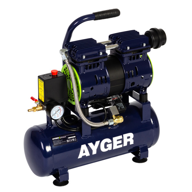 КОМПРЕССОР БЕЗМАСЛЯНЫЙ МАЛОШУМНЫЙ AYGER OFC210-9(1,1 кВт, 210 л/мин, 9 л, 8 бар, 1400 об/мин)