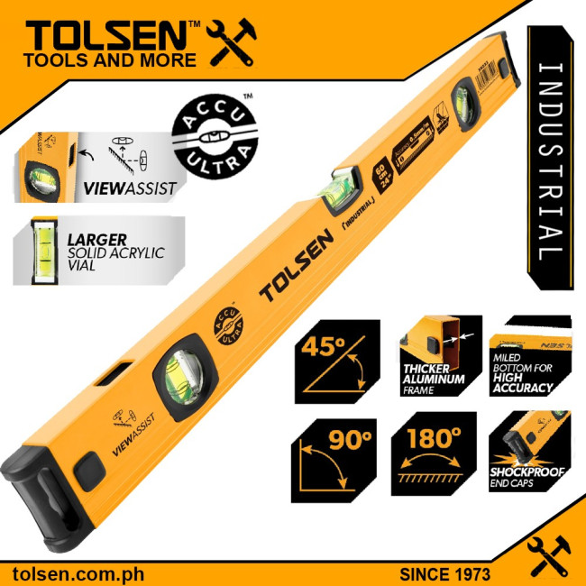 Уровень алюминиевый желтый, ударопрочный INDUSTRIAL 150 см TOLSEN