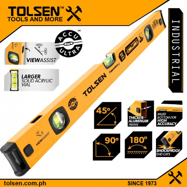 Уровень алюминиевый желтый, ударопрочный INDUSTRIAL 120 см TOLSEN