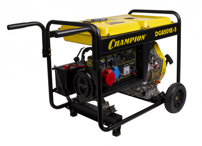 Генератор CHAMPION диз DG6501E-3 (400В 6,2/6,8кВА8,9лс 12,5л 12V 103кг,эл.стартер,колеса,счетчик)