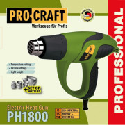 Фен промышленый PH1800 Procraft (1800 Вт, 2 режима, 250/500 л/мин, температура 400°С/600°,4 насадки)