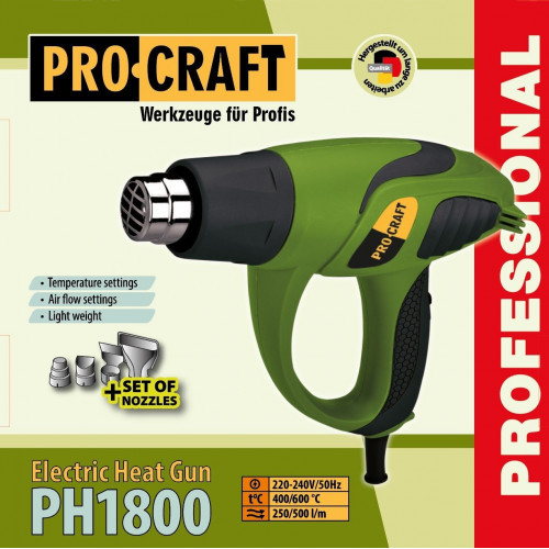 Фен промышленый PH1800 Procraft (1800 Вт, 2 режима, 250/500 л/мин, температура 400°С/600°,4 насадки)